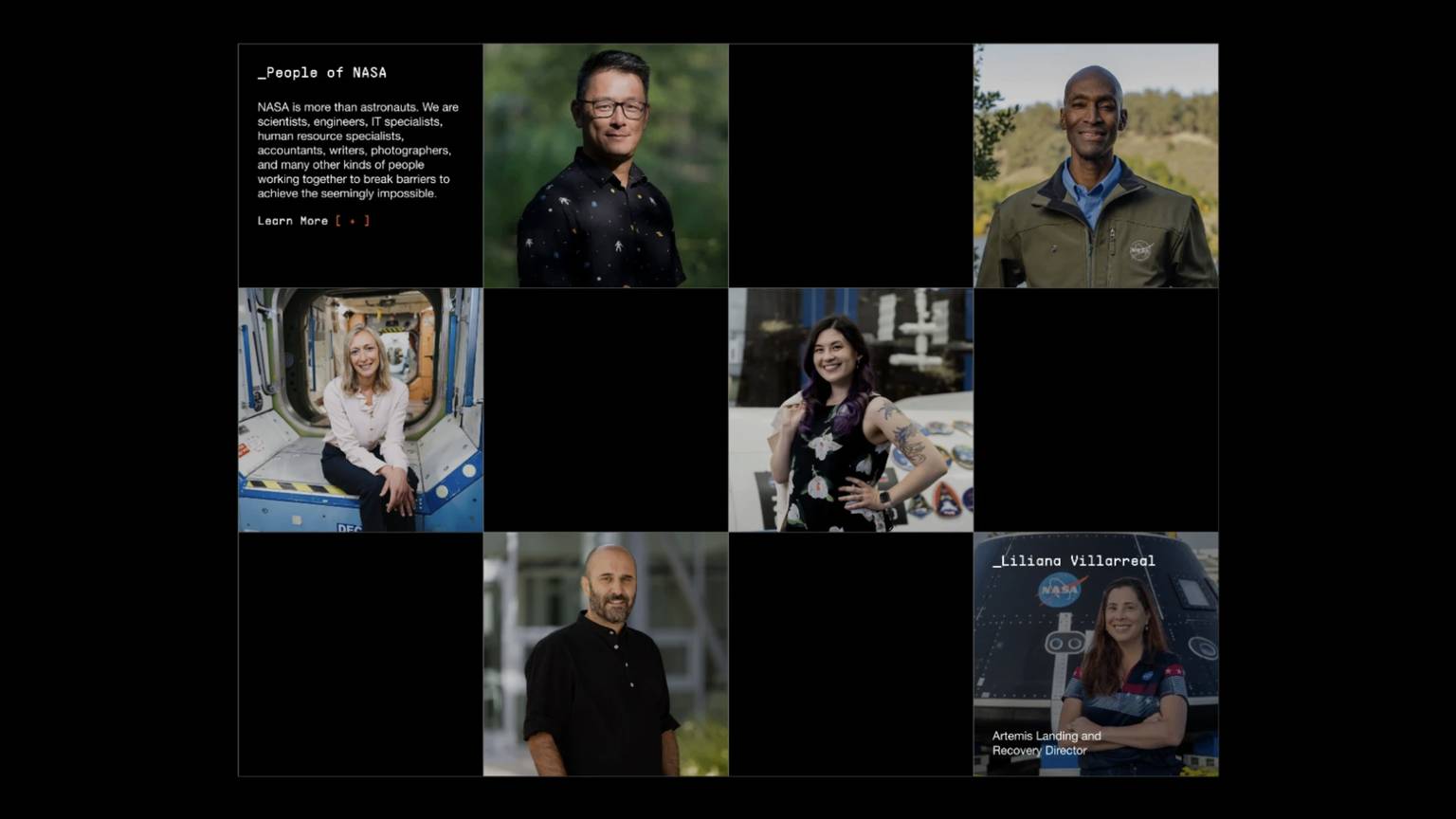 A grid of portrait photographs and a black text panel on the left describing NASA people and mission, with several astronauts and professionals visible in the grid.