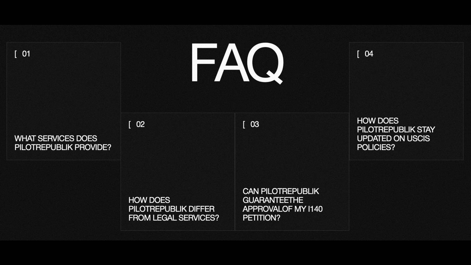 A dark webpage layout with large white FAQ text blocks arranged in a mosaic grid, including left and right tall panels and a central heading.