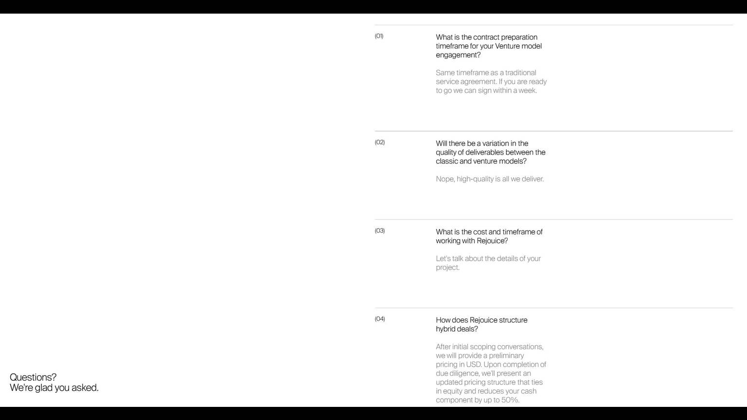 Minimal FAQ page with numbered question blocks and short gray answers arranged in a right column against a wide white background.