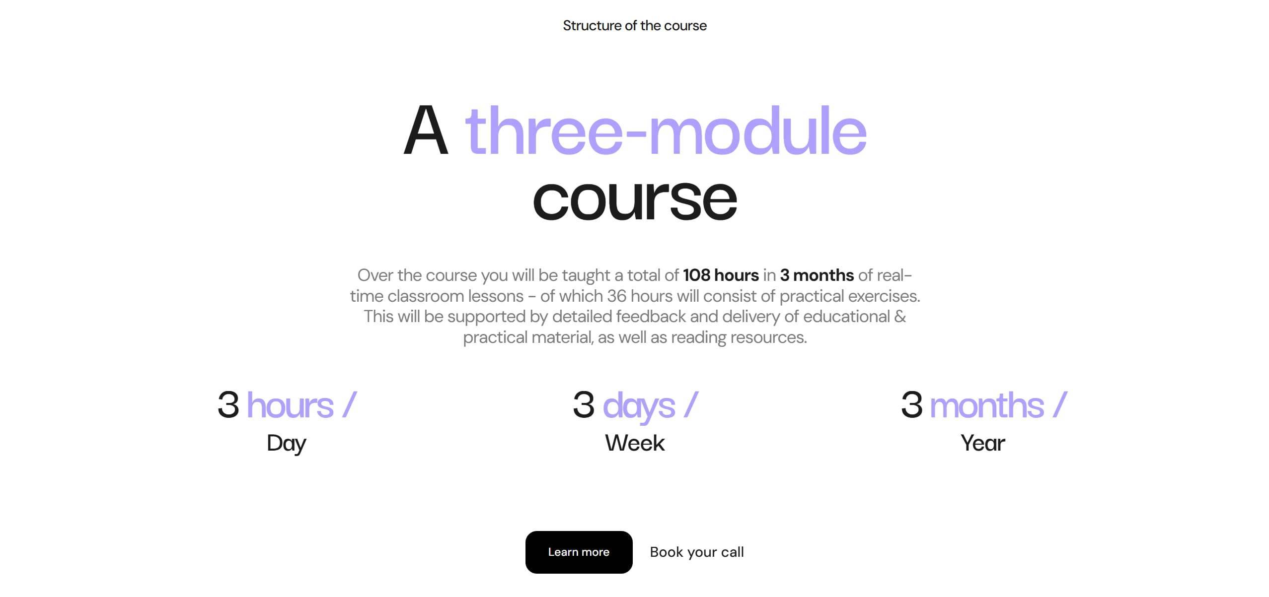 Centered course overview page with a large two-line headline, descriptive paragraph, three column statistics, and two call-to-action buttons.