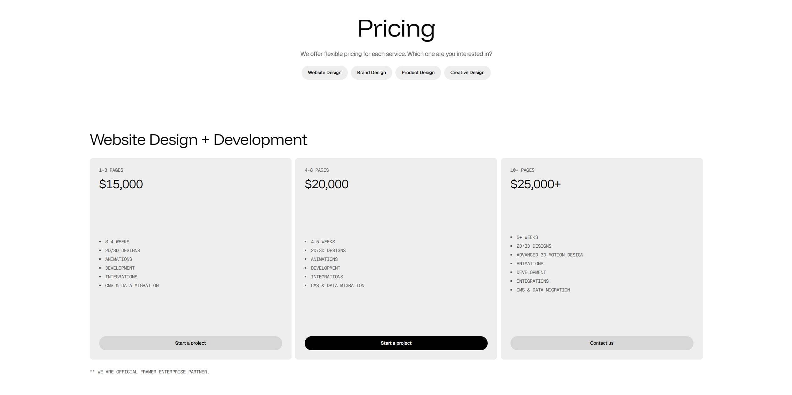 Wide pricing page layout showing three side-by-side grey pricing cards for website design and development with large header text and rounded action buttons.