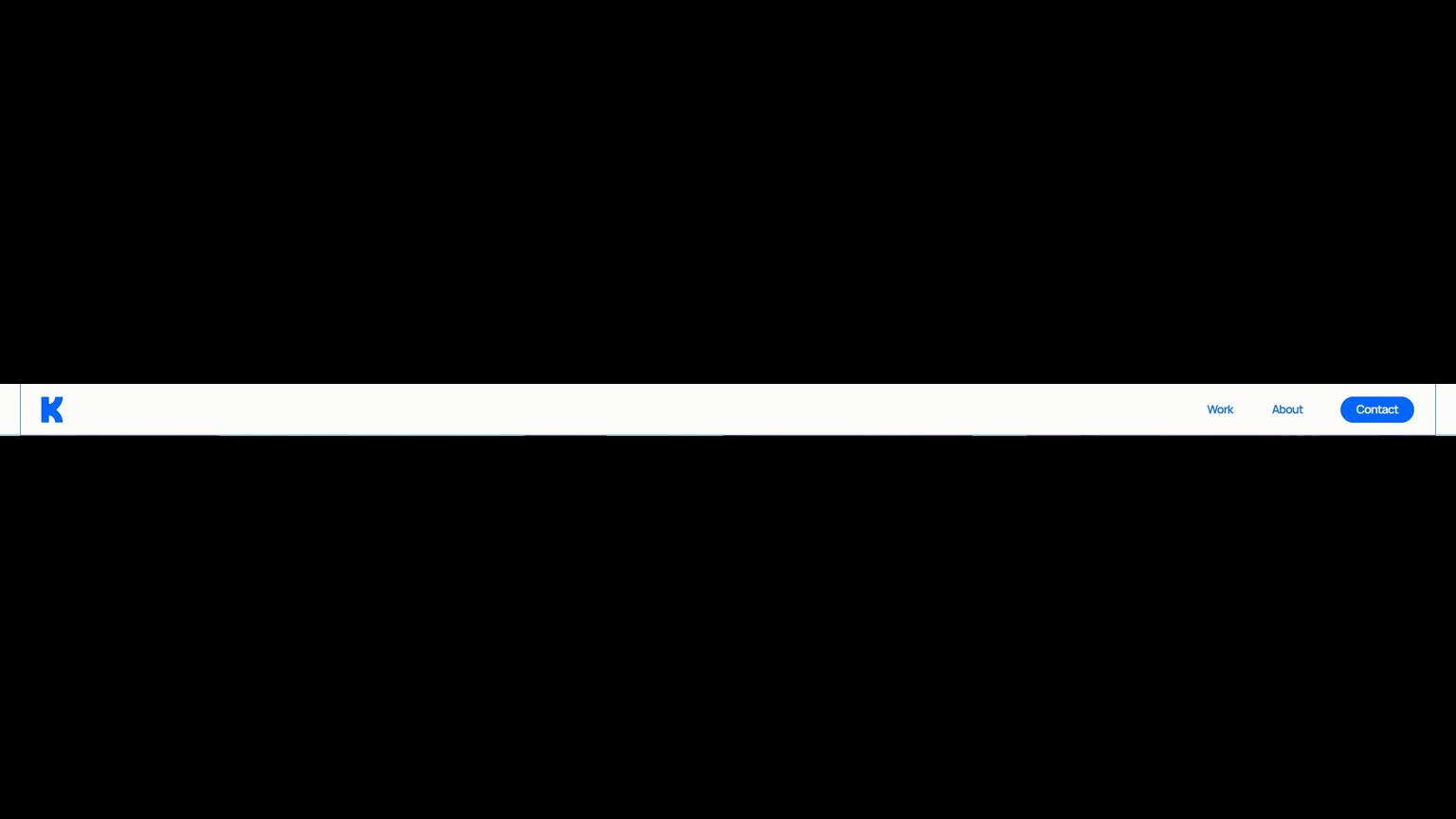 A wide header bar with a blue logo on the left, small navigation links on the right including Work, About, and a blue Contact button.