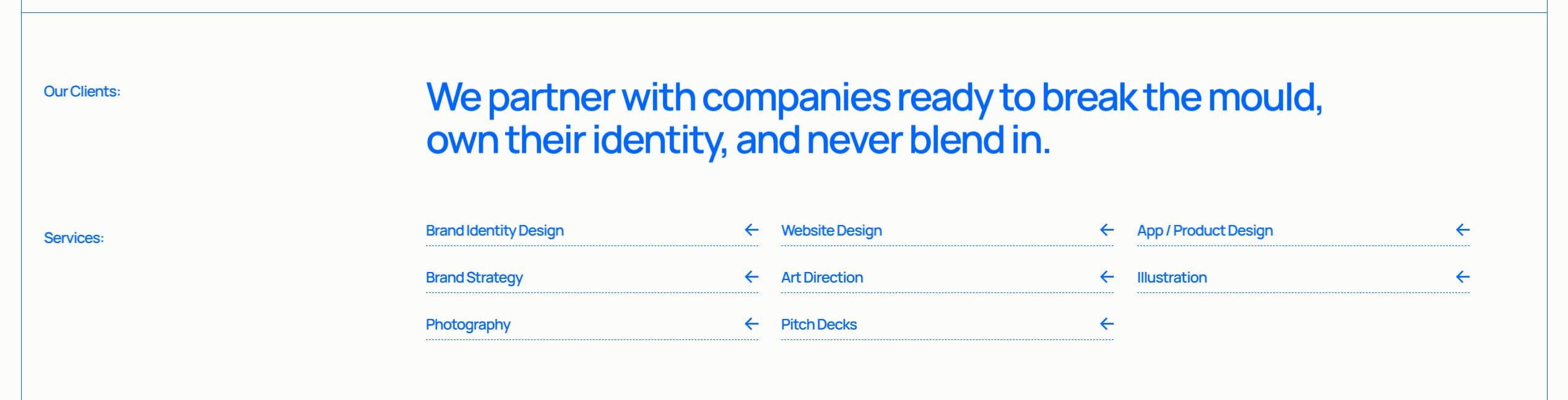 Website footer section with large blue headline and three-column list of service links on a white background.