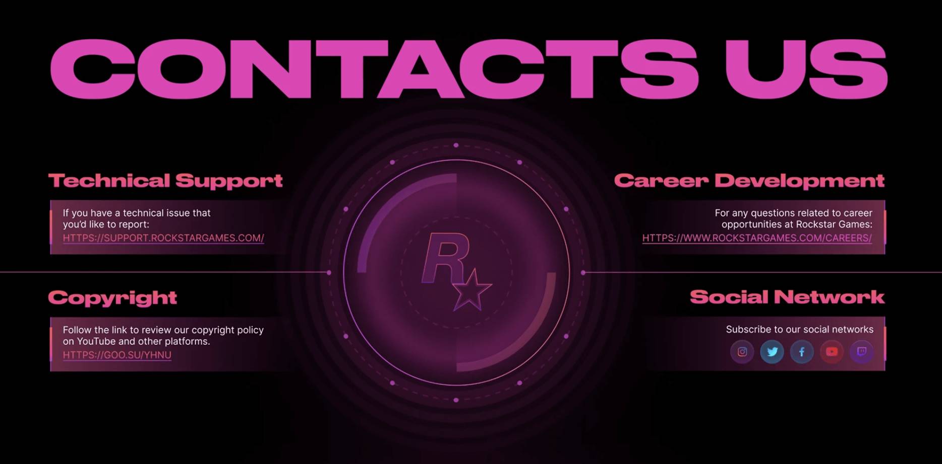 Dark contact page layout with large pink heading and four informational cards arranged around a circular logo in the center.