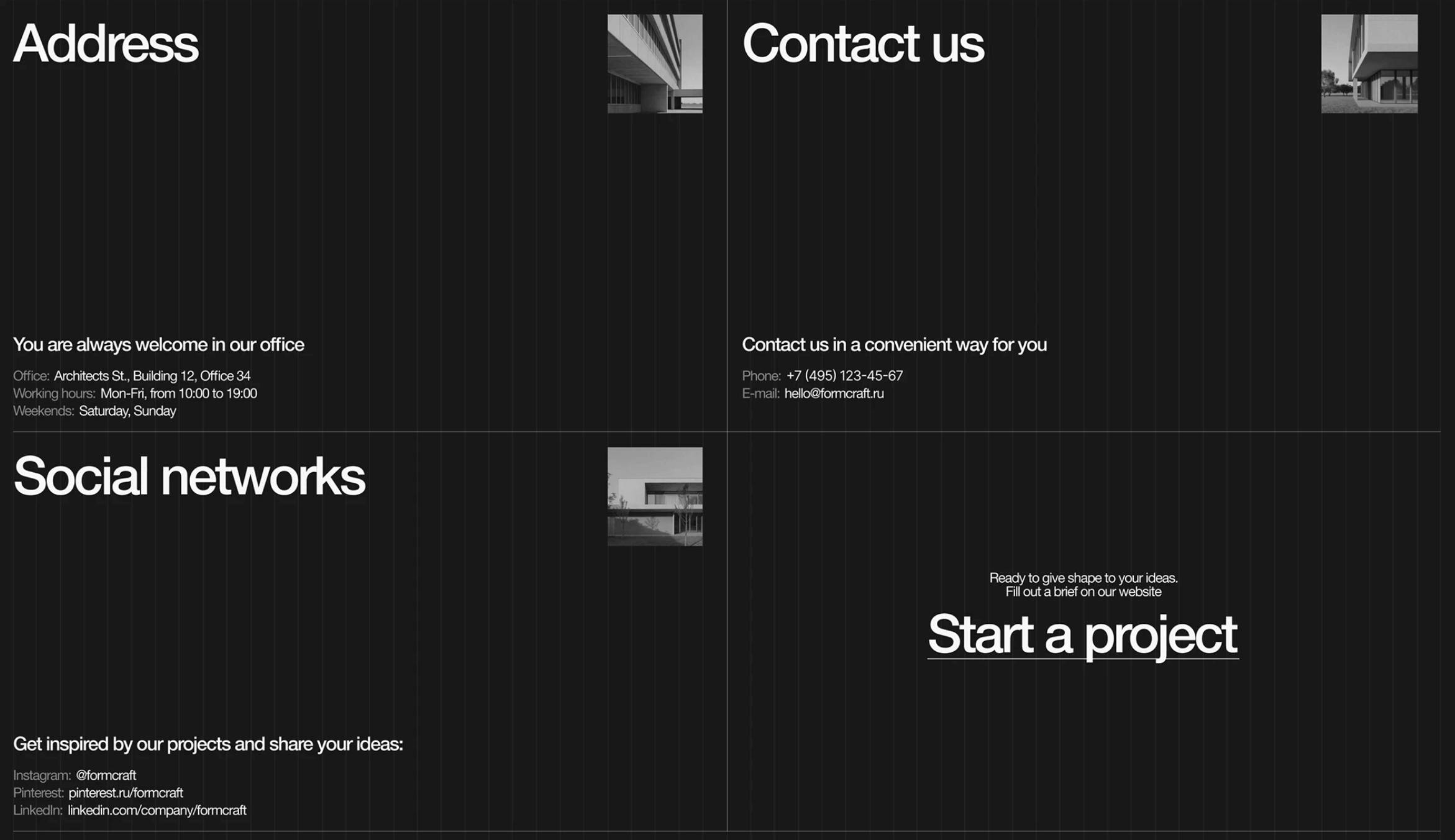 Two-column dark layout showing address and contact details with call to action.