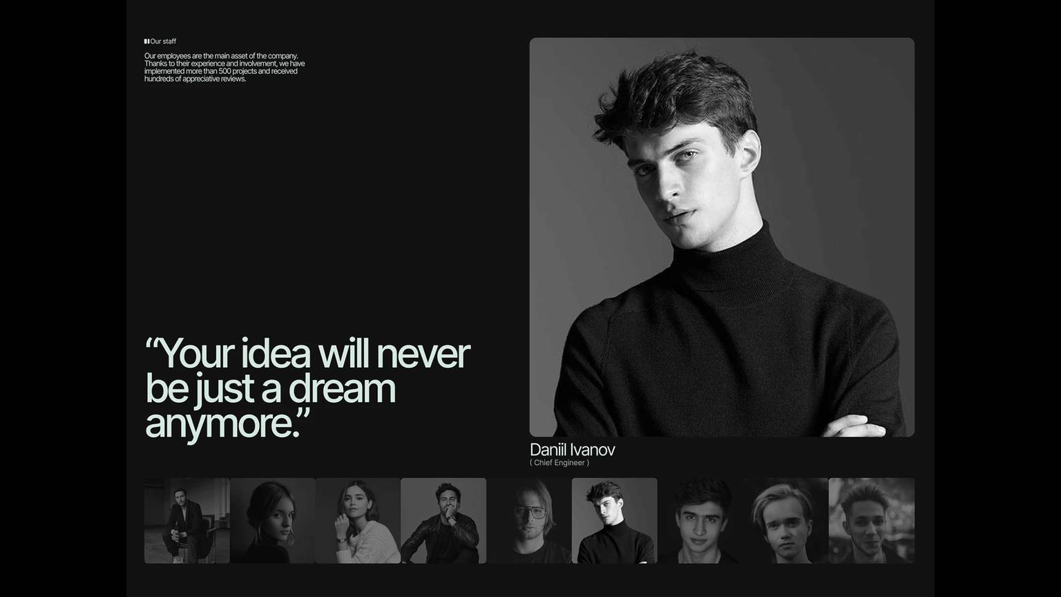 Dark page layout with large left quote and rounded portrait on the right.